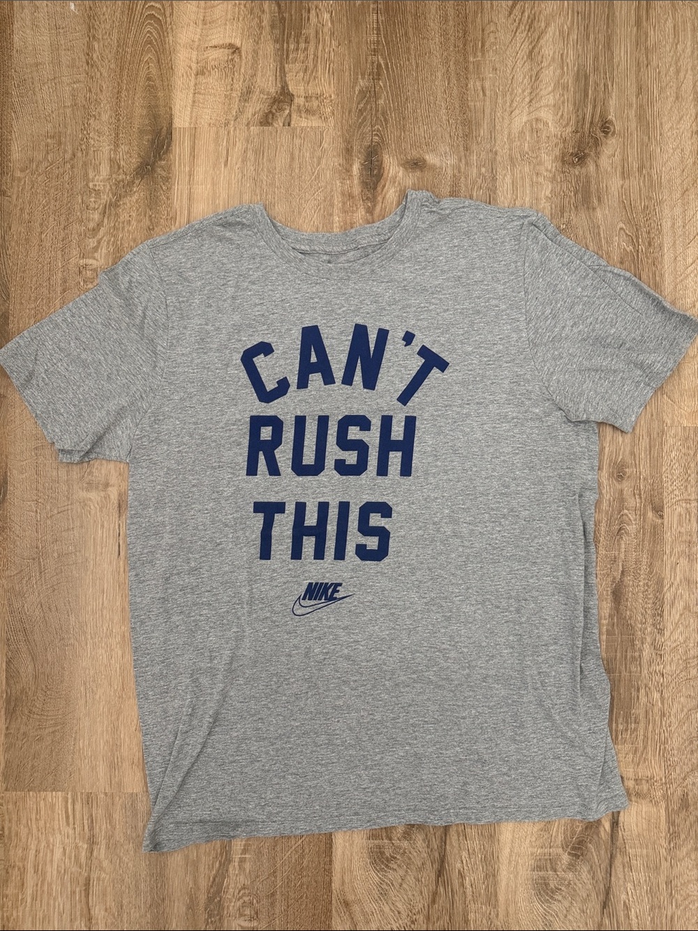 Nike Men's Short Sleeve Gray Graphic Tee with Navy 'Can’t Rush This' Print